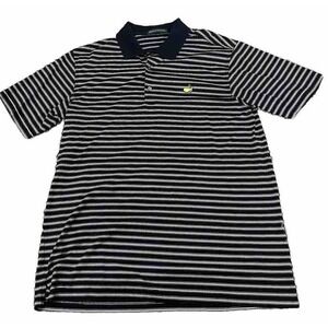 Augusta National Polo Shirt Mens Lg Navy Blue Striped Masters Logo Short Sleeve